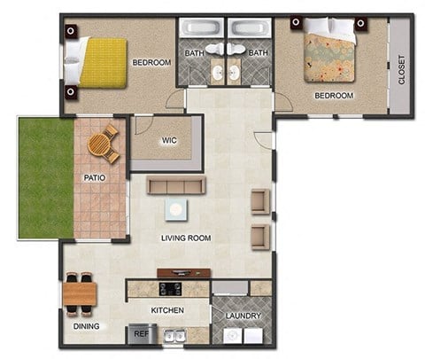 Floor plan for 2 beds, 2 baths, 1100 sqft