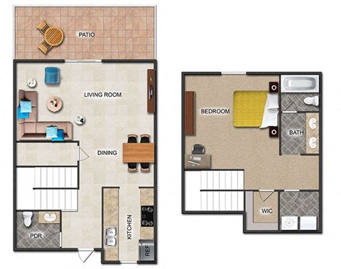Floor plan for 1 bed, 1.5 baths, 990 sqft