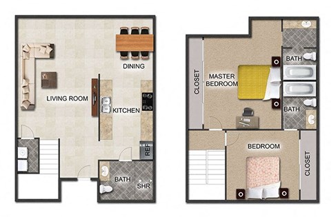Floor plan for 2 beds, 2.5 baths, 1207 sqft