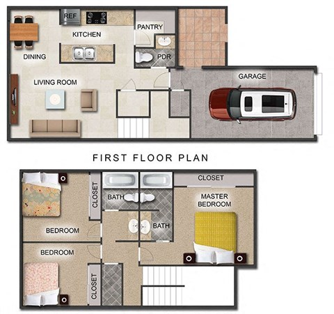 Floor plan for 3 beds, 2.5 baths, 1317 sqft