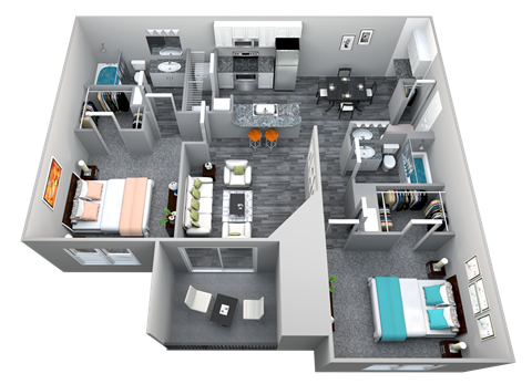Floor plan for 2 beds, 2 baths, 1020 sqft