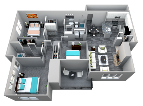 Floor plan for 3 beds, 2 baths, 1365 sqft
