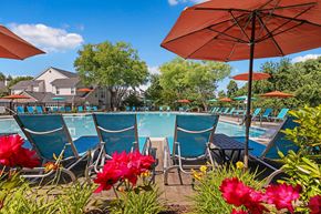 Pikesville apartment for rent - A poolside scene with red umbrellas and blue lounge chairs.