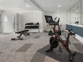 Birmingham apartment for rent - 24-hour premium fitness center with exercise equipment, wide mirrors, soft flooring, and high ceiling at Chace Lake Villas apartments in Birmingham, AL