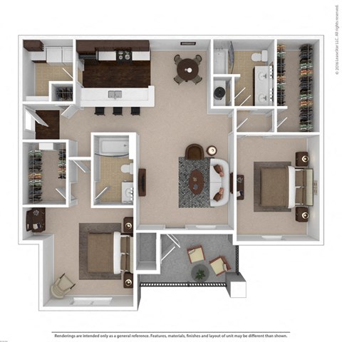 Floor plan for 2 beds, 2 baths, 1360 sqft