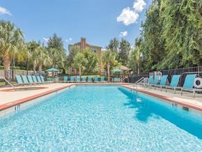 Tallahassee apartment for rent - Tallahassee, FL apartment complex sparkling resort-style swimming pool and hot tub with lounge chairs at Evergreens at Mahan