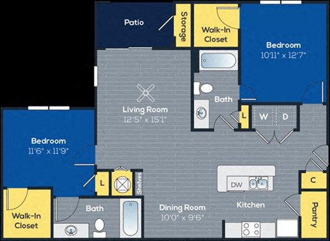 Floor plan for 2 beds, 2 baths, 1099 sqft