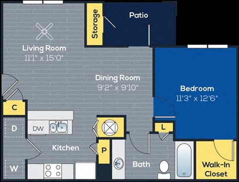 Floor plan for 1 bed, 1 bath, 725 sqft