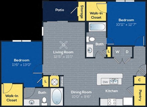 Floor plan for 2 beds, 2 baths, 1122 sqft
