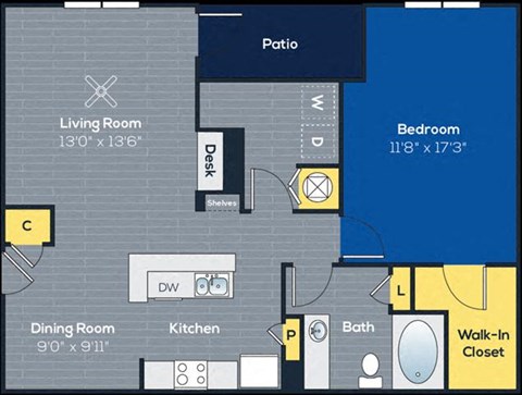 Floor plan for 1 bed, 1 bath, 925 sqft