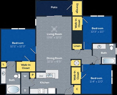 Floor plan for 3 beds, 2 baths, 1326 sqft