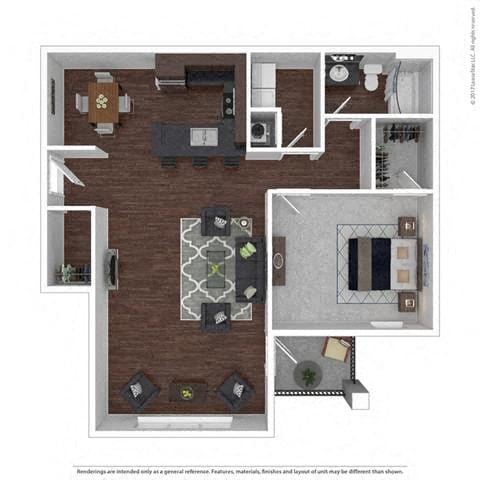 Floor plan for 1 bed, 1 bath, 990 sqft