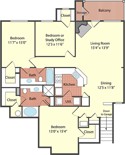 Floor plan for 3 beds, 2 baths, 1395 sqft