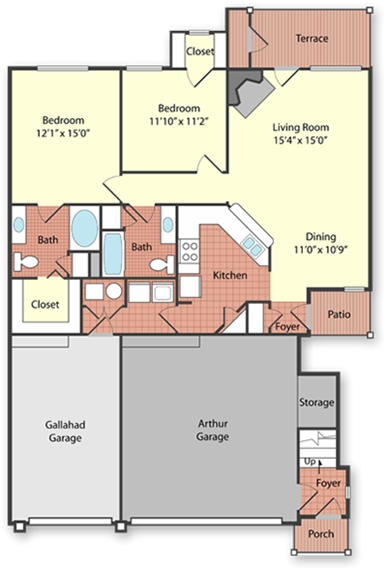 Floor plan for 2 beds, 2 baths, 1144 sqft
