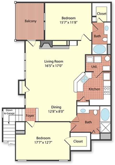 Floor plan for 2 beds, 2 baths, 1321 sqft
