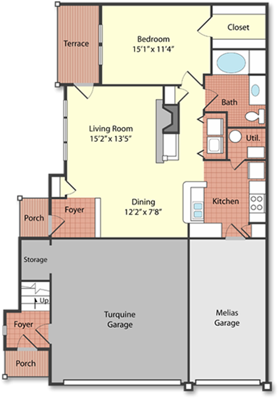 Floor plan for 1 bed, 1 bath, 890 sqft