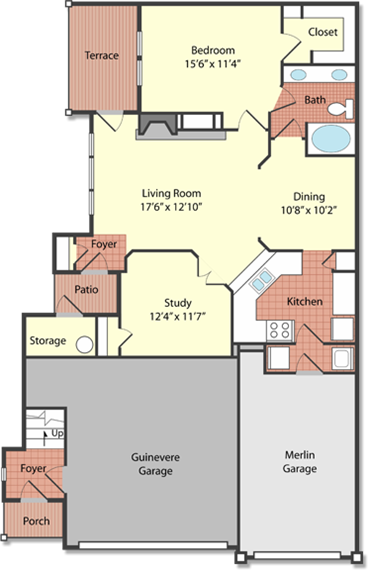 Floor plan for 1 bed, 1 bath, 1030 sqft