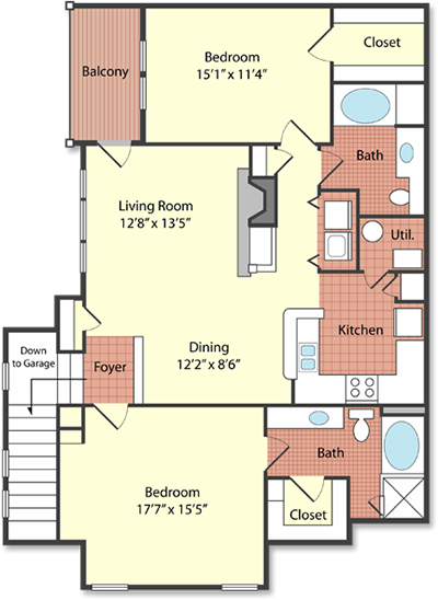 Floor plan for 2 beds, 2 baths, 1266 sqft