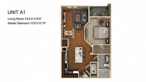 Floor plan for 1 bed, 1 bath, 805 sqft