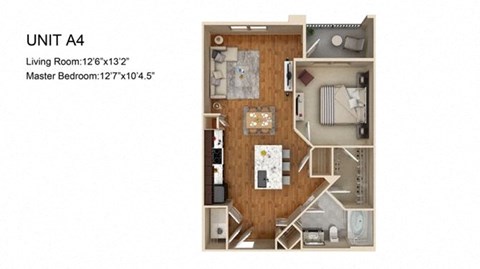 Floor plan for 1 bed, 1 bath, 772 sqft