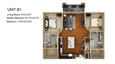 Floor plan for 2 beds, 2 baths, 1315 sqft