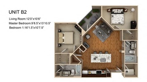 Floor plan for 2 beds, 2 baths, 1033 sqft