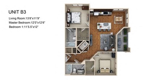 Floor plan for 2 beds, 2 baths, 1116 sqft