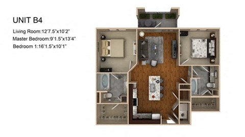 Floor plan for 2 beds, 2 baths, 1039 sqft