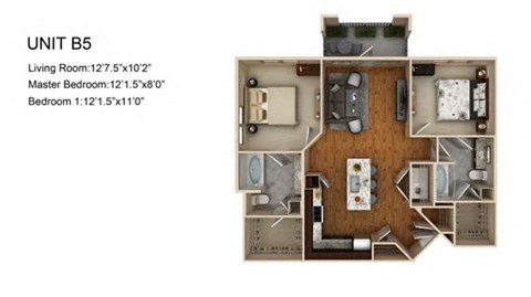 Floor plan for 2 beds, 2 baths, 1110 sqft