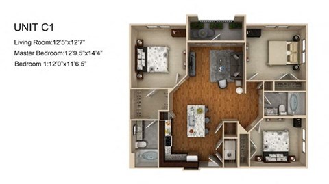 Floor plan for 3 beds, 2 baths, 1251 sqft