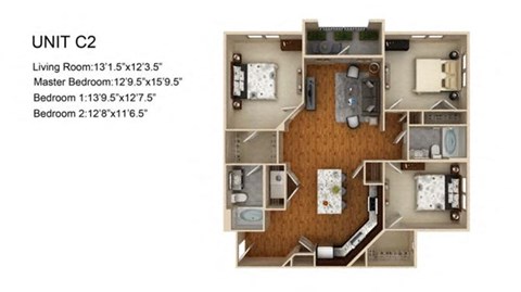 Floor plan for 3 beds, 2 baths, 1424 sqft