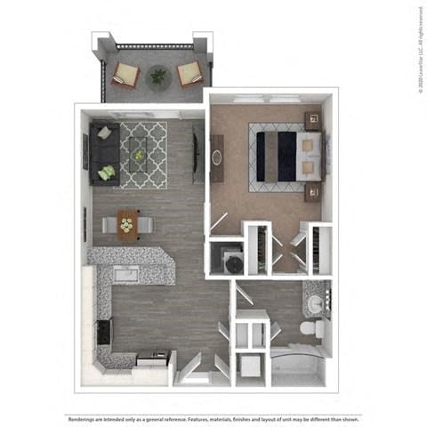 Floor plan for 1 bed, 1 bath, 639 sqft