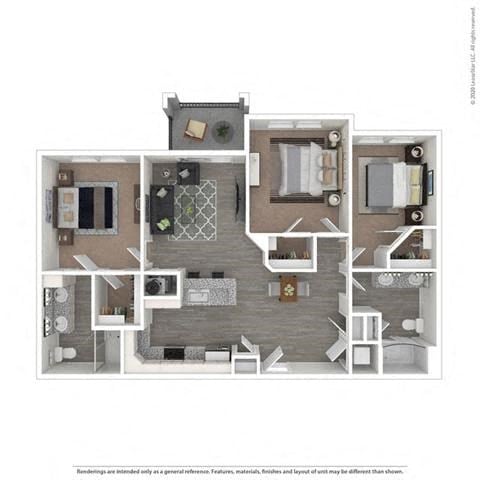 Floor plan for 3 beds, 2 baths, 1264 sqft