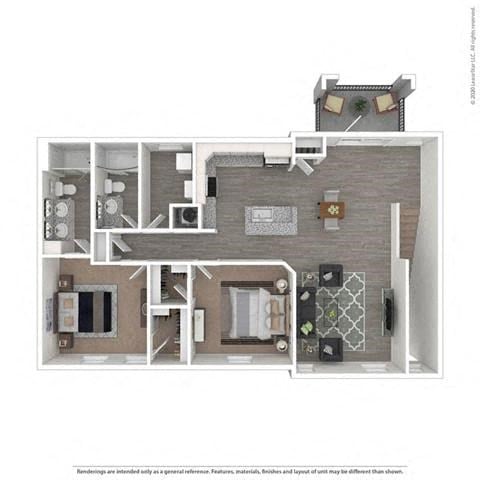 Floor plan for 2 beds, 2 baths, 1257 sqft