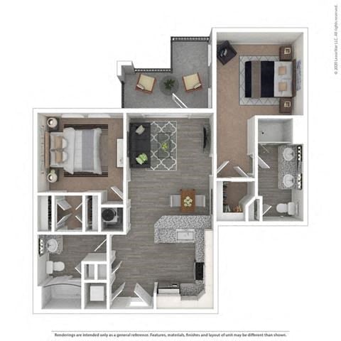 Floor plan for 2 beds, 2 baths, 919 sqft