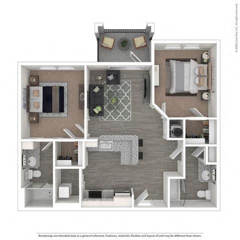 Floor plan for 2 beds, 2 baths, 984 sqft