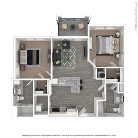 Floor plan for 2 beds, 2 baths, 996 sqft