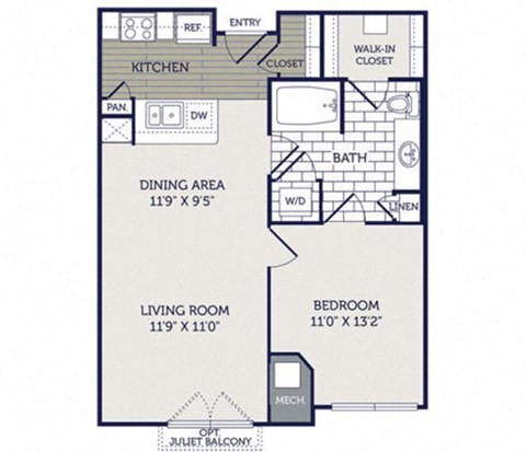 Floor plan for 1 bed, 1 bath, 715 sqft