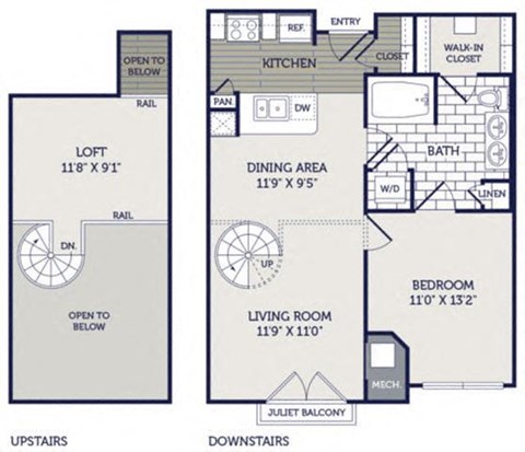 Floor plan for 1 bed, 1 bath, 843 sqft