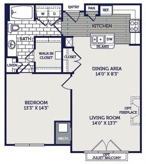 Floor plan for 1 bed, 1 bath, 882 sqft