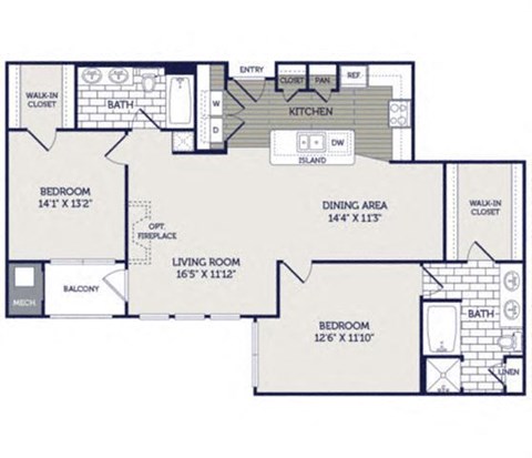 Floor plan for 2 beds, 2 baths, 1329 sqft