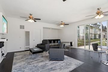 Camarillo apartment for rent - A living room with a grey couch and a rug.