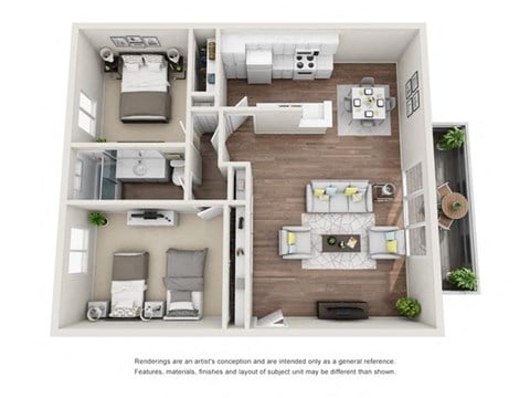 Floor plan for 2 beds, 1 bath, 1003 sqft