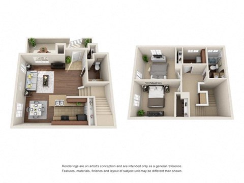 Floor plan for 2 beds, 1.5 baths, 1077 sqft
