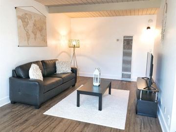 Goleta apartment for rent - A black couch sits in a living room with a white rug in front of it.