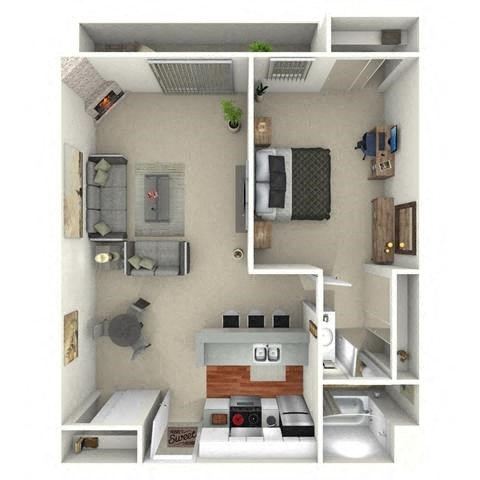 Floor plan for 1 bed, 1 bath, 750 sqft