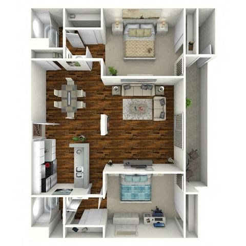 Floor plan for 2 beds, 2 baths, 1020 sqft