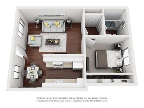 Floor plan for 1 bed, 1 bath, 624 sqft