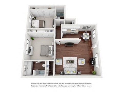 Floor plan for 2 beds, 2 baths, 950 sqft