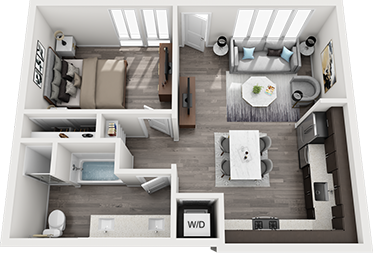Floor plan for 1 bed, 1 bath, 615 sqft